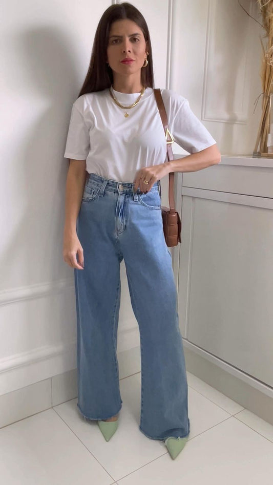 White T-shirt With Light Blue Wide Leg Jeans