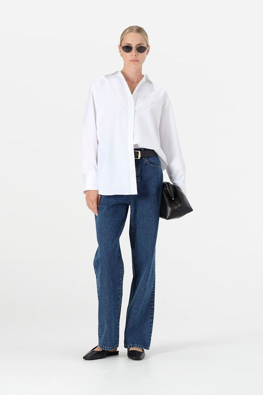 White Button Down Shirt With Mid-Dark Blue Straight Fit Jeans