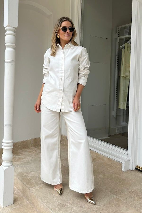 White Button Down Shirt With White Wide Leg Jeans