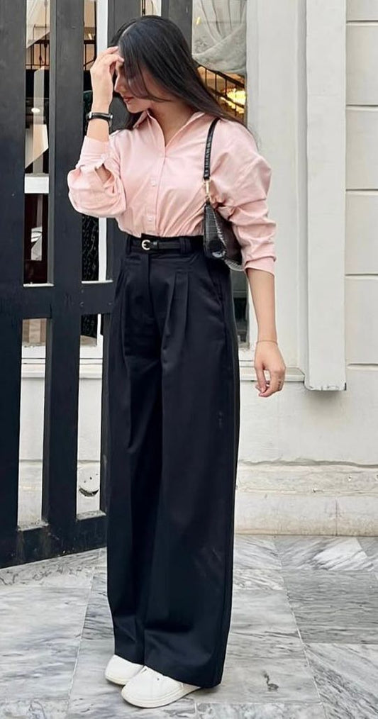 Pink Button Down Shirt With Black Wide Legged Jeans