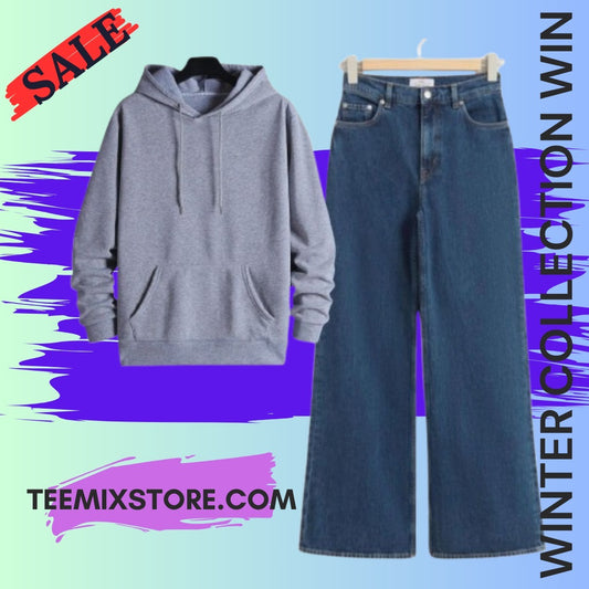 Hoodie With Mid Dark Blue Wide Leg Jeans