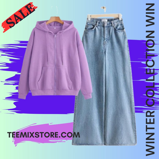 Lilac Zipper With Light Blue Wide Leg Jeans