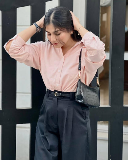 Pink Button Down Shirt With Black Wide Legged Jeans