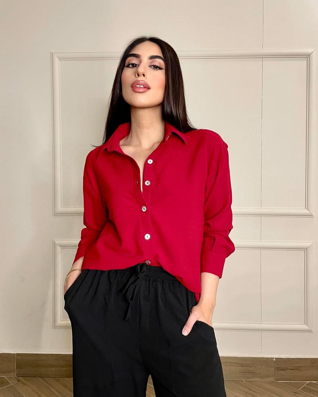 Red Cherry Solid button down paired with Black wide legged Flapper