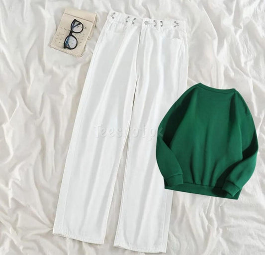 Bottle Green Sweatshirt With White Straight Fit Jeans