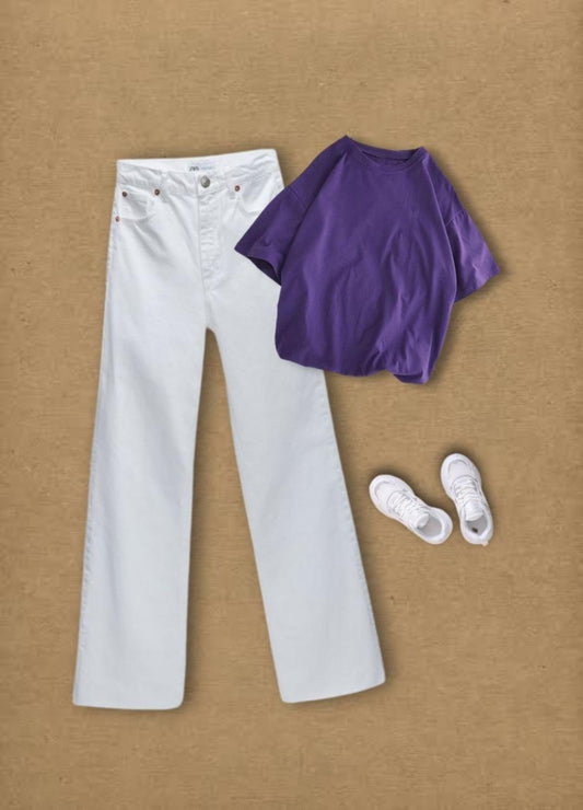 Purple Tee With White Straight Fit Jeans