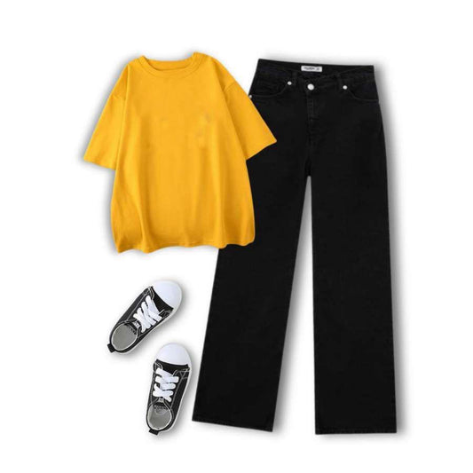 Mustard Tee With Black wide legged Jeans