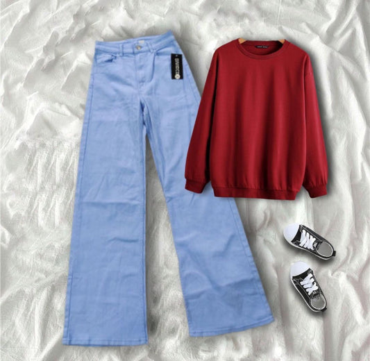 Maroon Sweatshirt With Light Blue Wide Leg Jeans