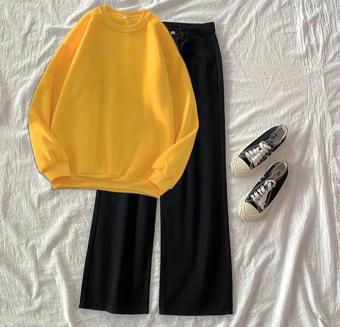 Yellow Sweatshirt With Black Wide Leg Jeans