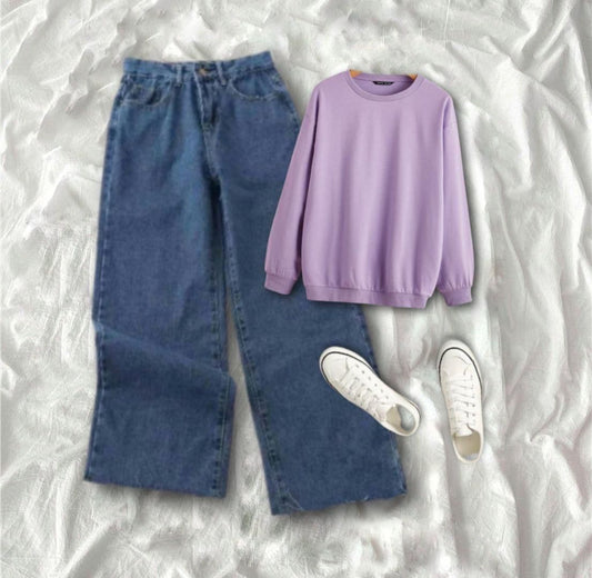 Lilac Sweatshirt With Mid Dark Blue Wide Leg Jeans