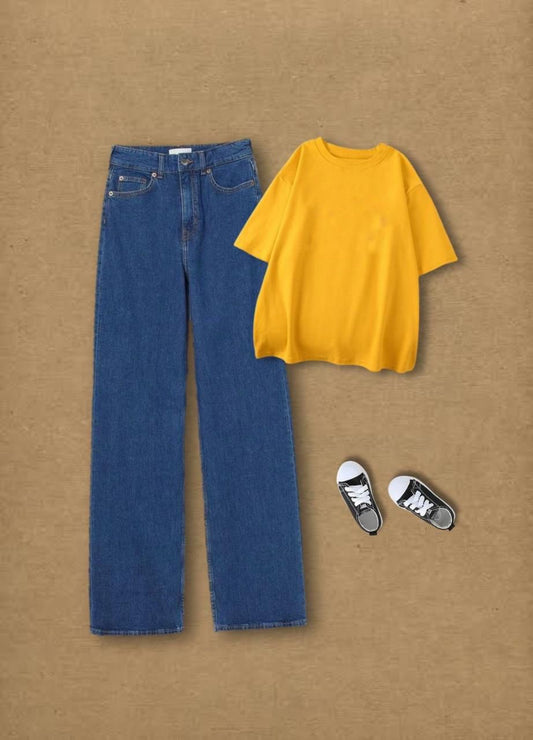 Mustard Tee With Dark Blue Straight Fit Jeans