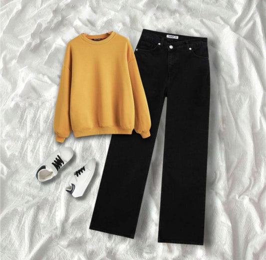 Mustard Sweatshirt With Black Wide legged Jeans