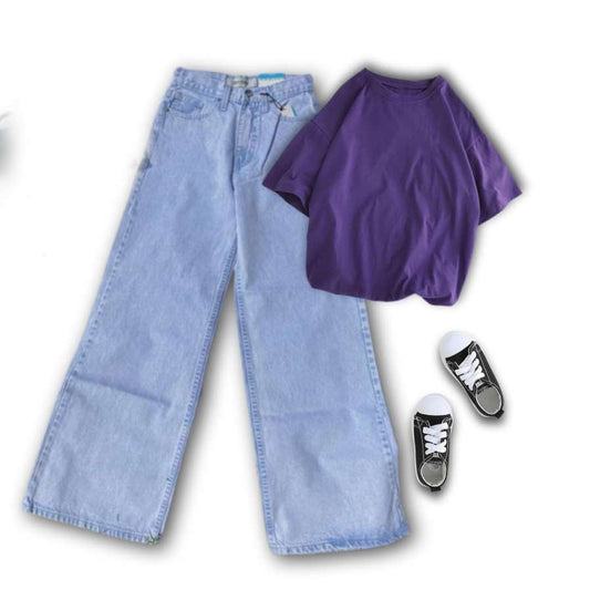 Purple Tee With Light Blue Wide Leg Jeans