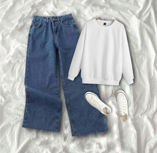 White Sweatshirt With Mid Dark Blue Wide Leg Jeans