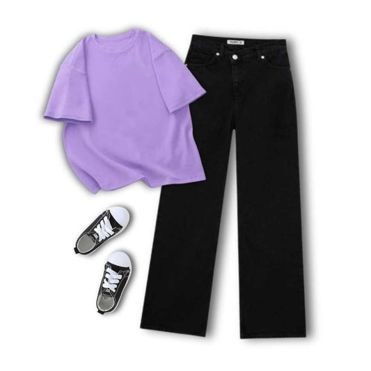 Lilac Tee With Black Straight Fit Jeans