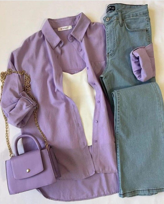 Lilac Button Down Shirt(Inner) With Mid-Blue Wide Leg Jeans